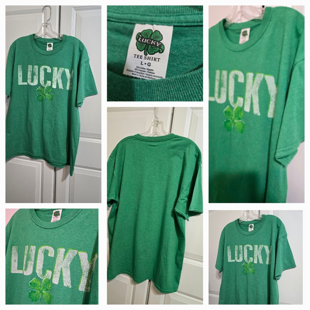 LUCKY TEE SHIRT ST. PATRICK DAY LUCKY CHARM CLOVER LEAF MEN'S T SHIRT- L
